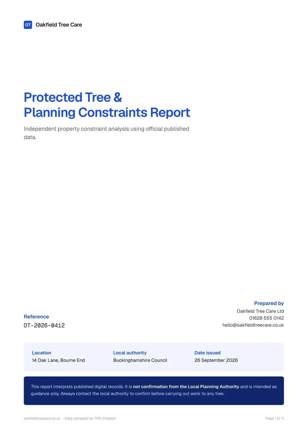 Cover of a TPO Checker Pro report branded for Oakfield Tree Care, with their logo, colour and contact details